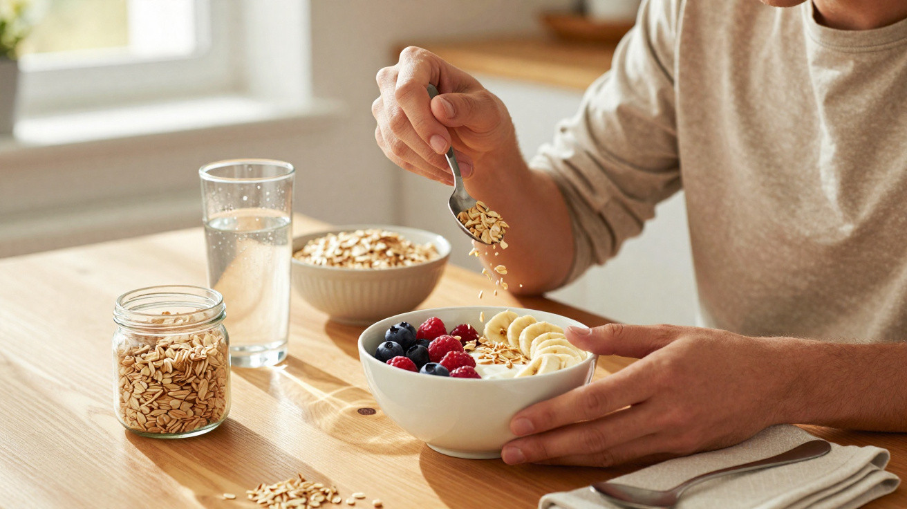 Person sprinkling oats over a bowl of yoghurt topped with banana slices, blueberries, and raspberries on a wooden table.