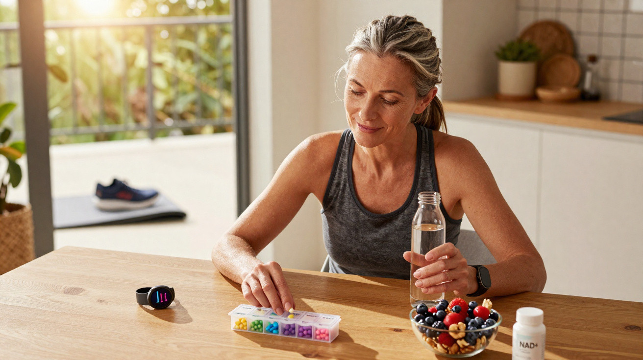 Middle-aged woman holding a water bottle and organising colourful pills at a kitchen table with healthy food nearby.