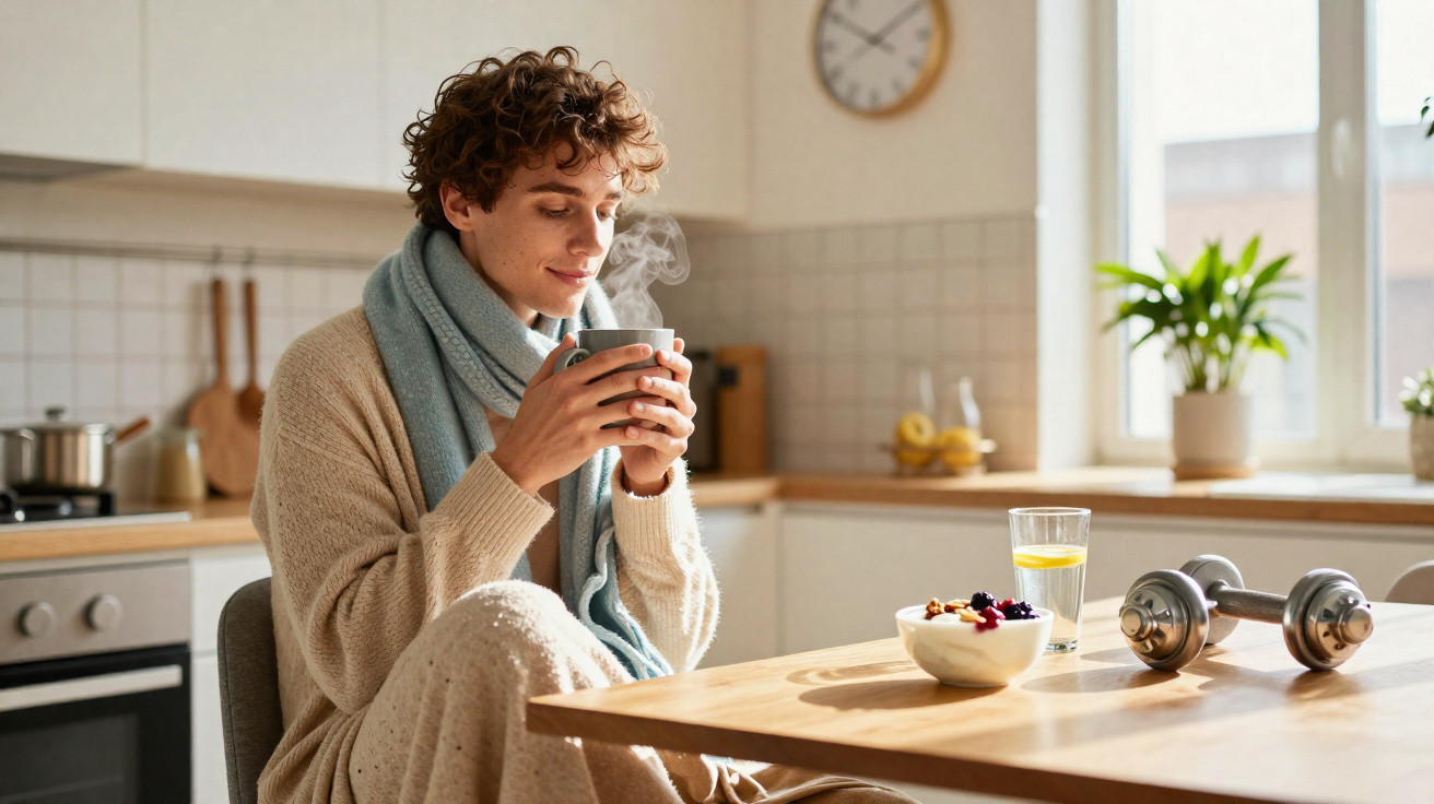 Young person enjoying a hot drink while sitting at a kitchen table with breakfast and dumbbells nearby.