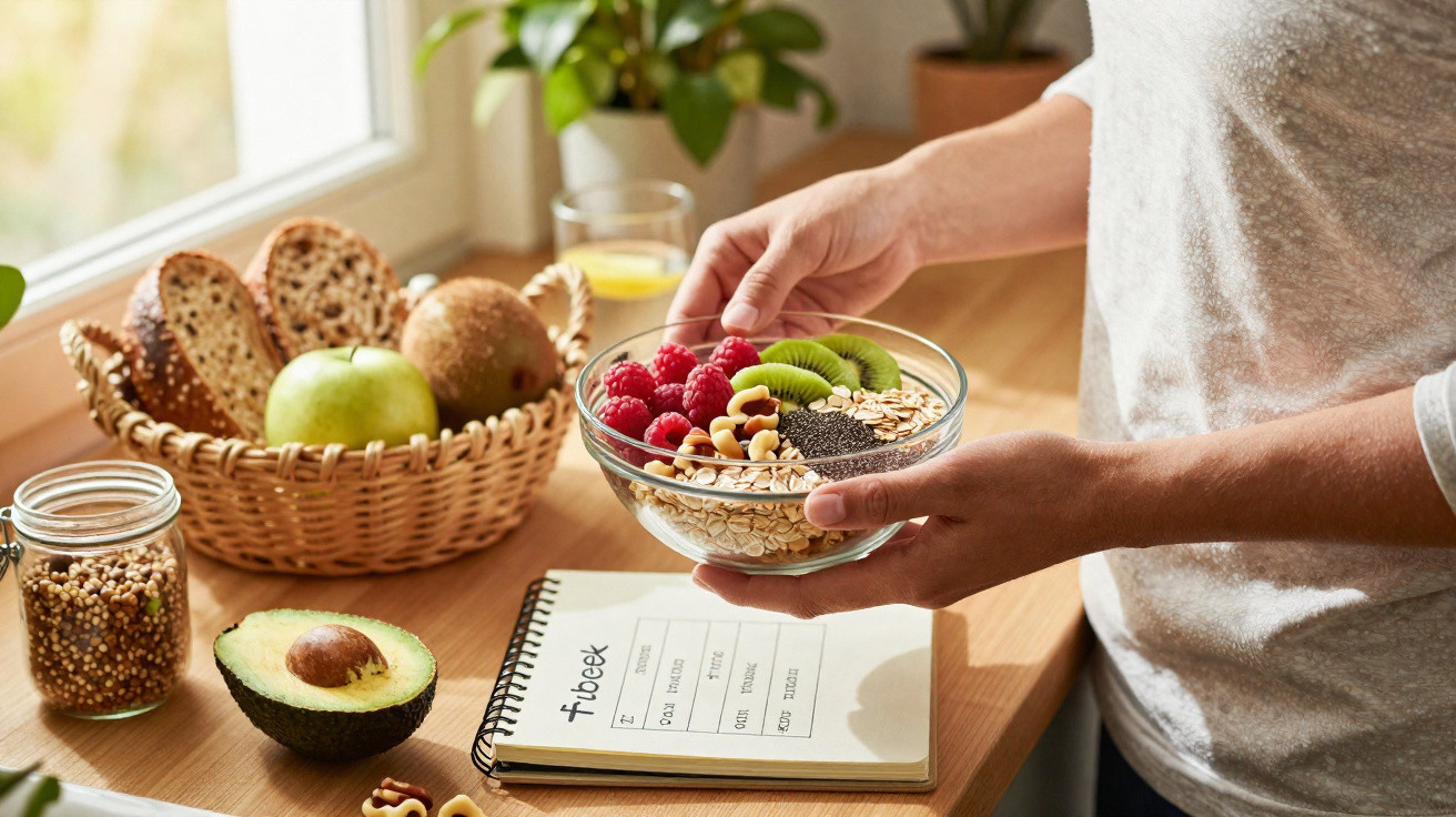 Person holding a bowl of oats topped with raspberries, kiwi, nuts, and seeds by a kitchen window with fruit and bread.