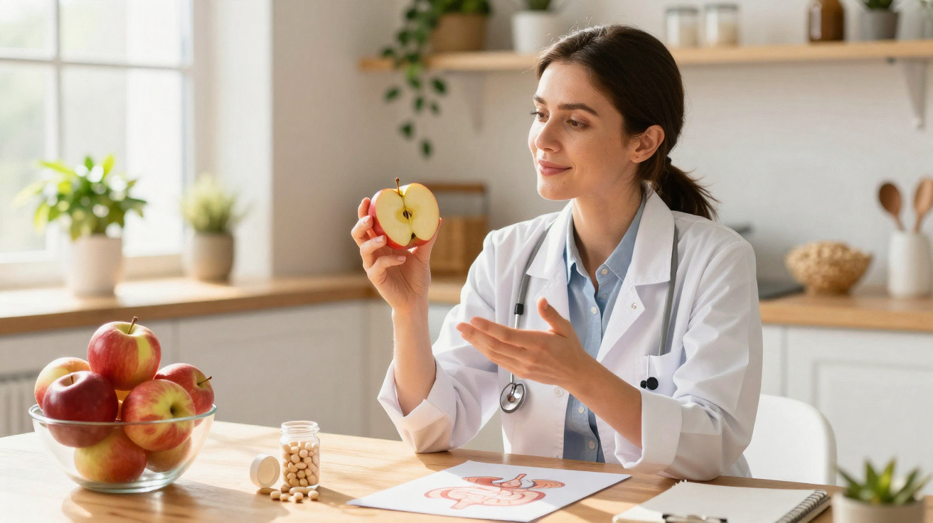 Female nutritionist in lab coat holding half an apple, sitting at a table with apples and vitamins in a bright kitchen.