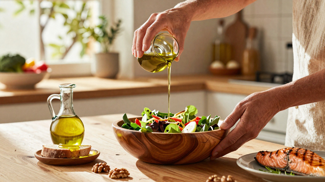 Person drizzling olive oil over fresh salad in wooden bowl on kitchen countertop with grilled salmon nearby.