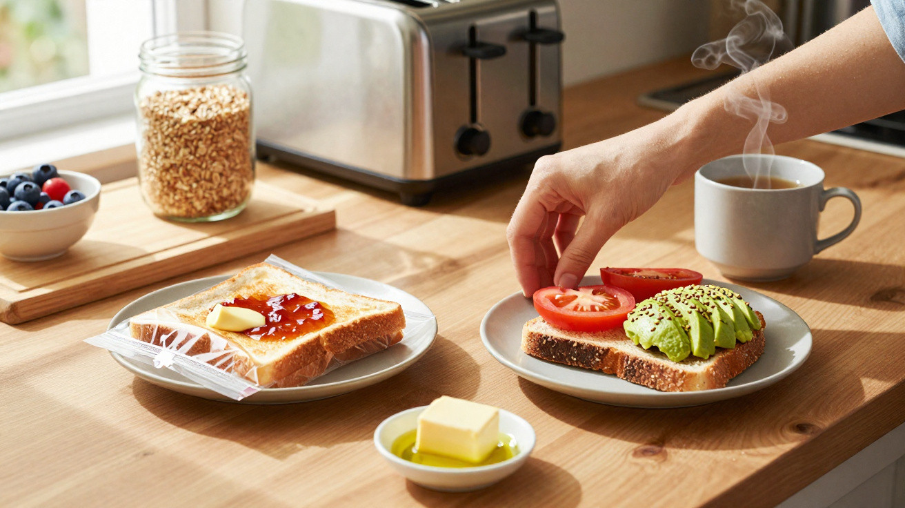 Person adding tomato slices to avocado toast beside buttered jam toast, bowl of berries, and steaming coffee on wooden table.