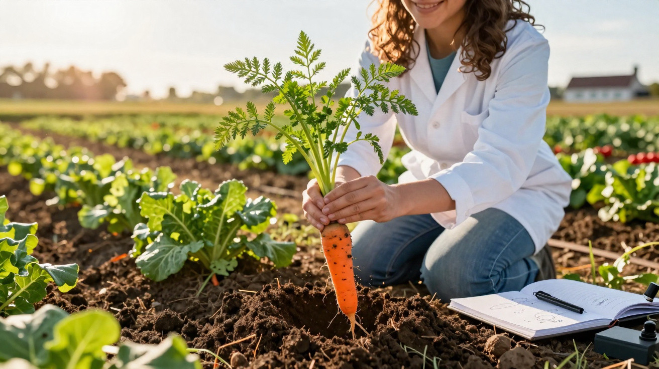 Woman in white coat harvesting a fresh carrot in a vegetable garden with notes on the ground nearby