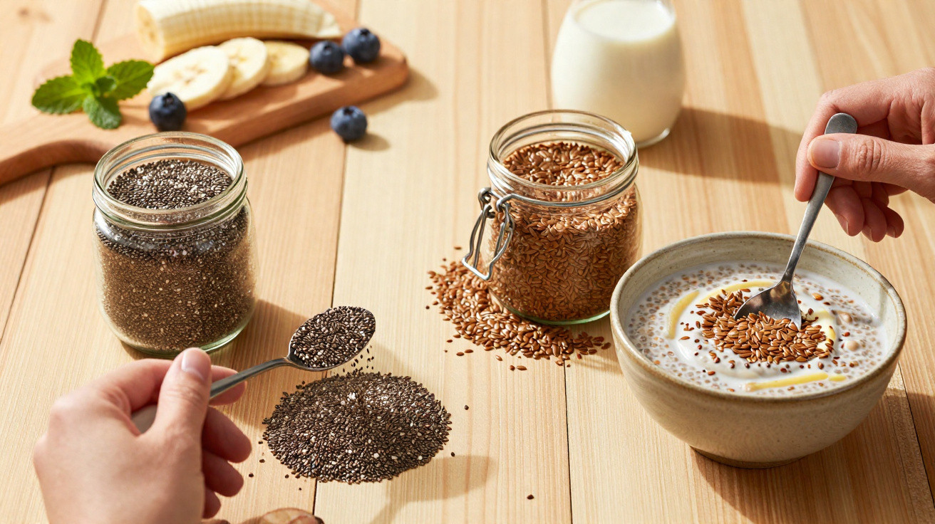 Hands adding chia seeds and flaxseeds to bowls of milk with sliced banana and blueberries on a wooden table.