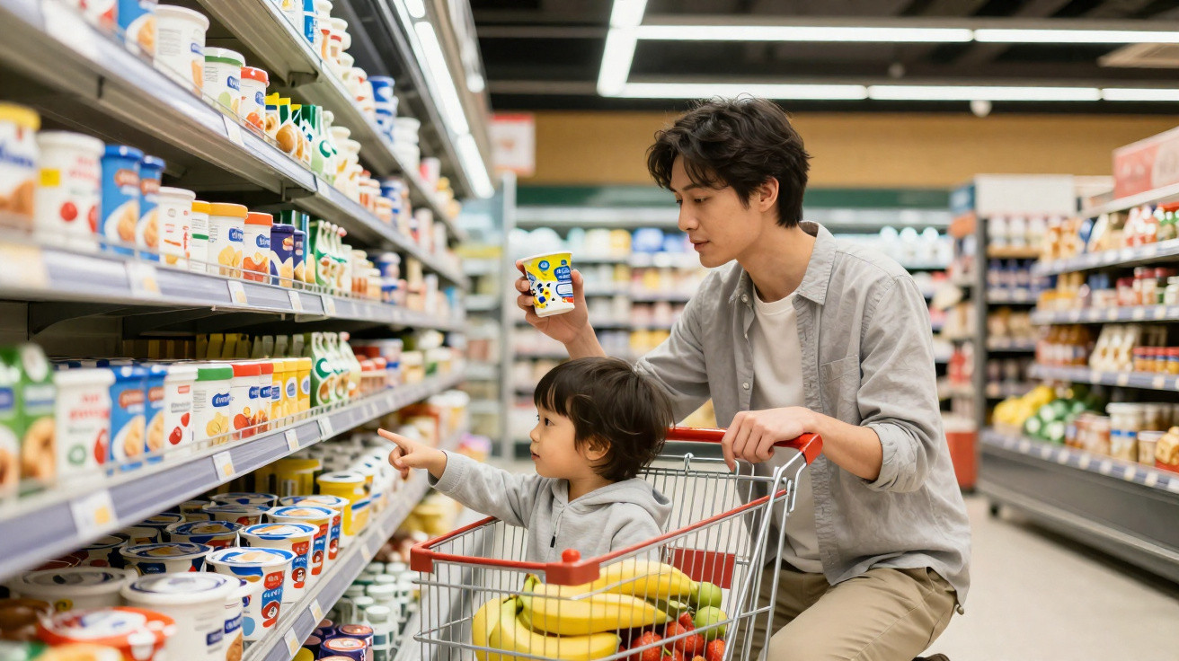 Father and child shopping for dairy products in a supermarket aisle with a trolley full of fruit.