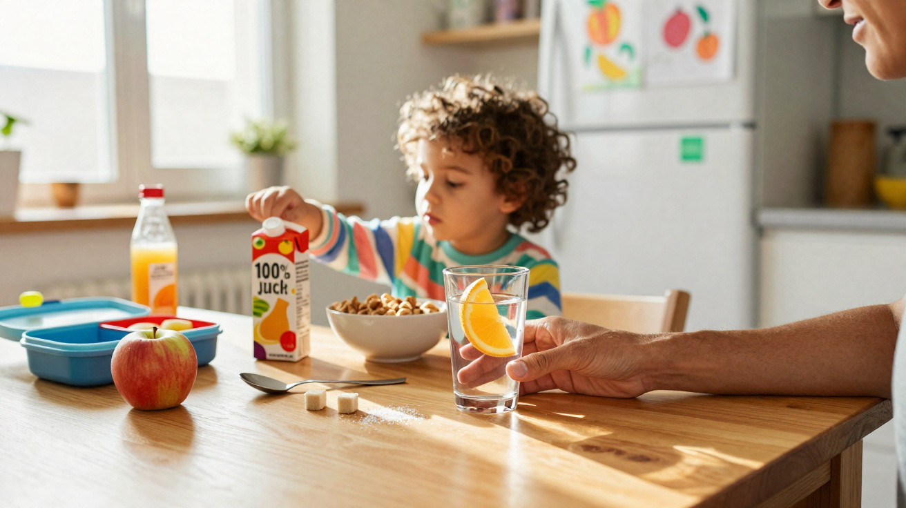 Child in striped jumper reaching for juice at breakfast table with adult holding glass of water with lemon slice
