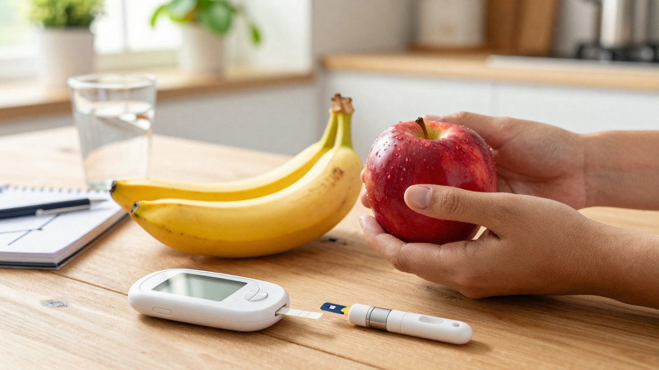 Person holding a red apple near bananas, water glass, notebook, and blood glucose meter on wooden table.