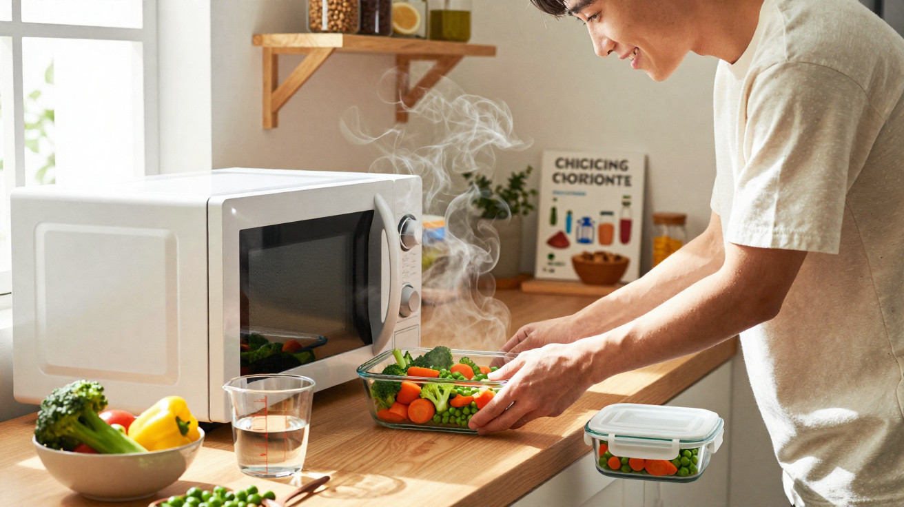 Person removing steaming vegetable dish from microwave on kitchen counter with fresh vegetables nearby.