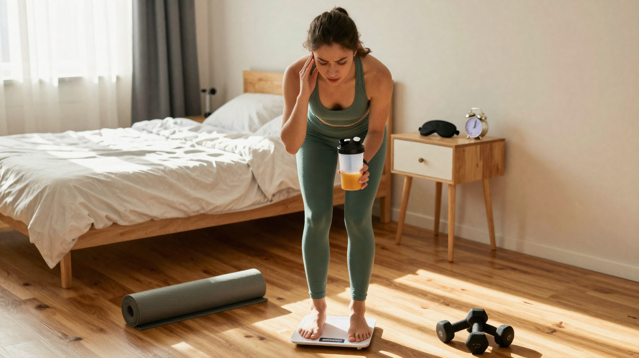 Woman in green workout clothes checking weight on scales in bedroom with exercise mat and dumbbells on wooden floor.