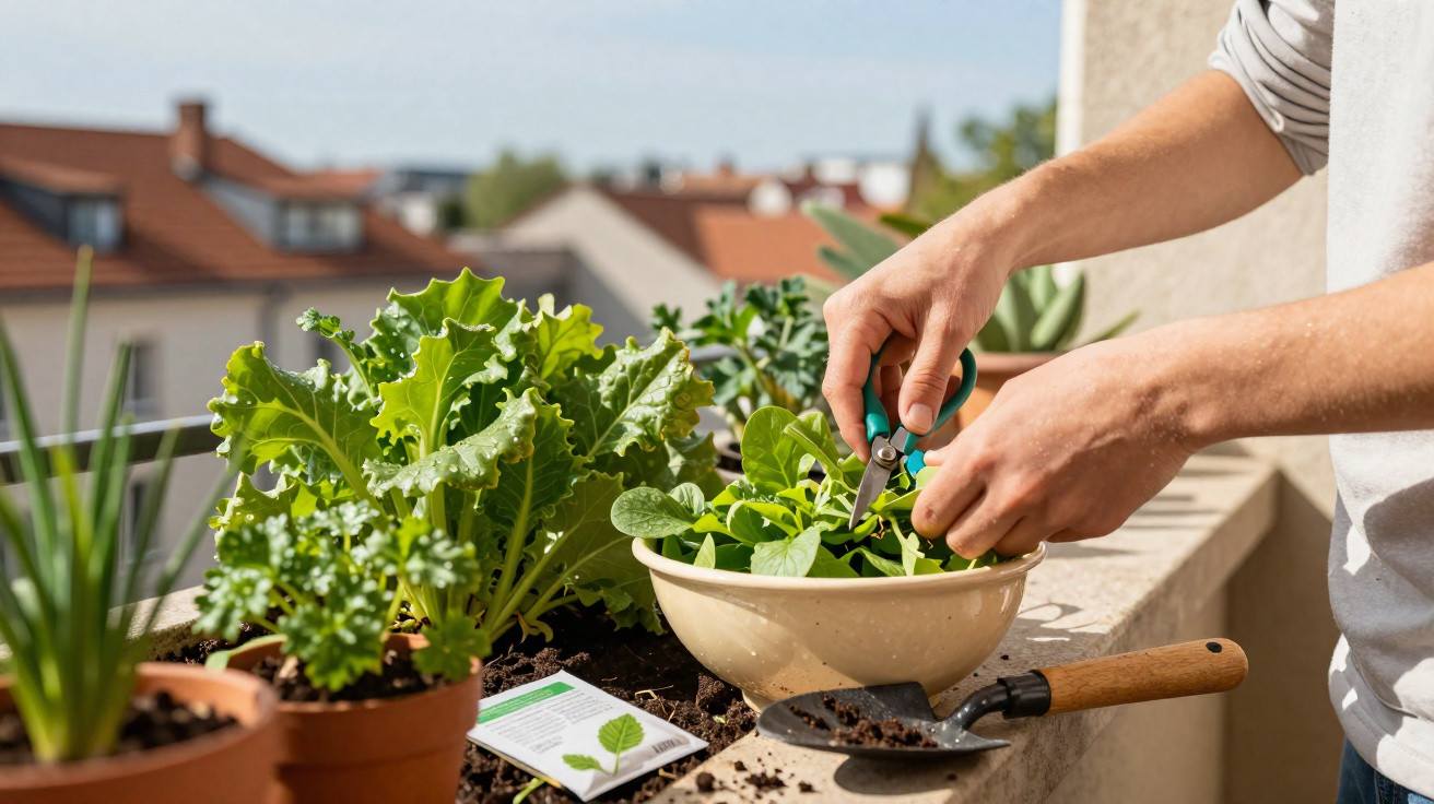 Person harvesting fresh leafy greens with scissors in a small urban balcony garden with potted plants.