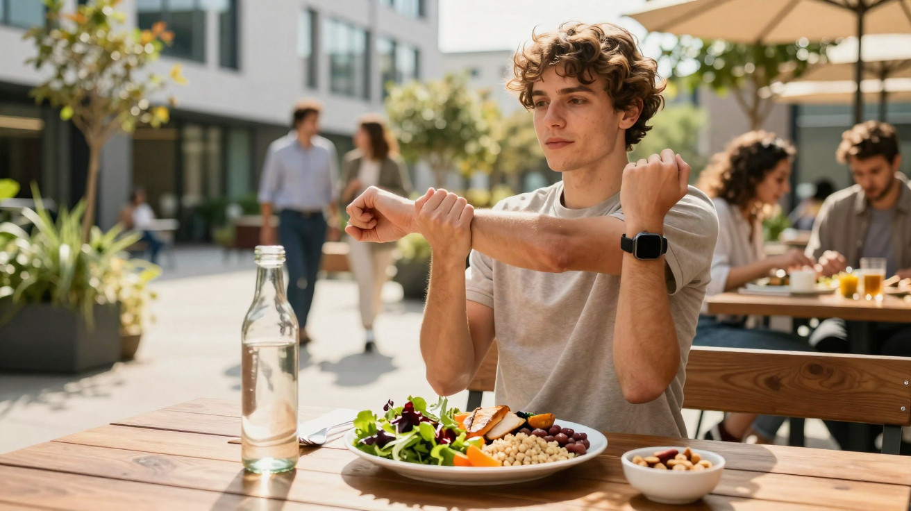 Young man stretching his arms while sitting at a table with a healthy salad in an outdoor café.
