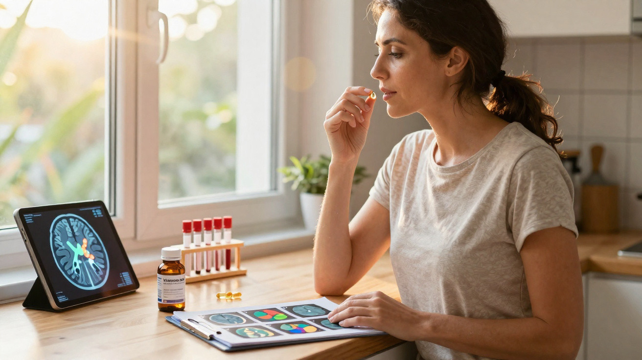 Woman taking a vitamin D capsule while reviewing brain scan images and test tubes on a tablet and clipboard.