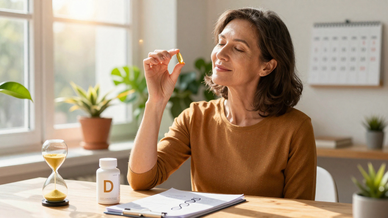 Woman holding a vitamin D capsule, sitting at a table with supplements, a notebook, and plants in the background