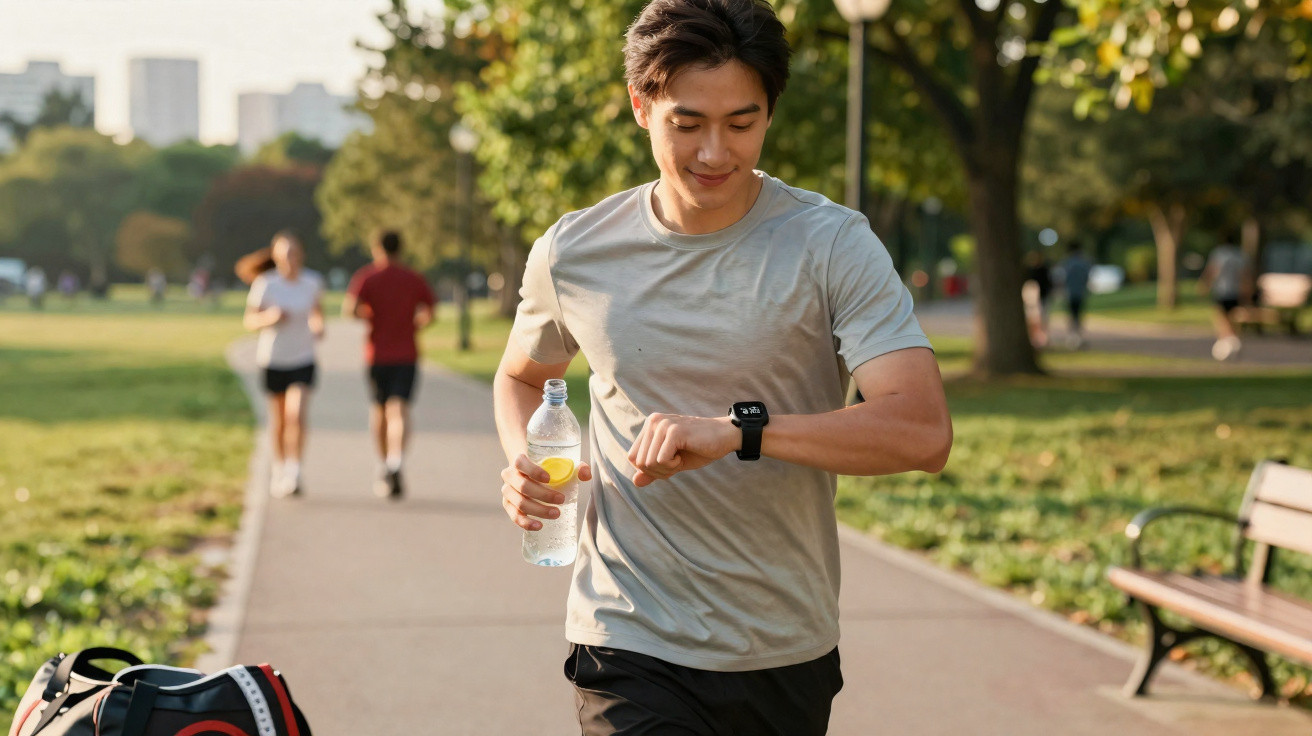 Young man jogging in park holding water bottle and checking fitness watch on his wrist.