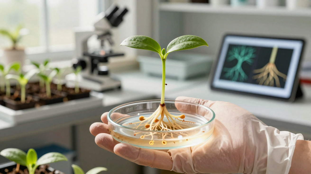 Hand in glove holding petri dish with sprouting plant showing roots inside laboratory setting.