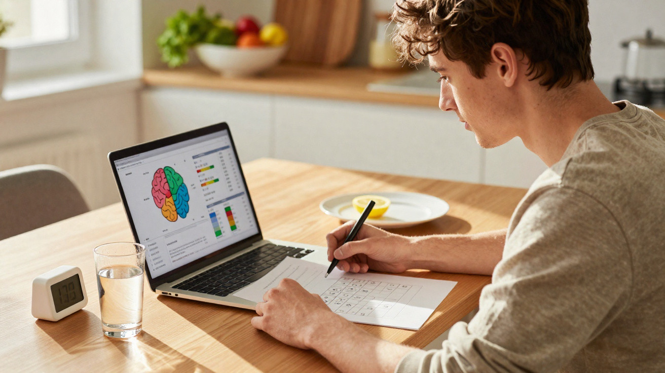 Young man analysing brain activity charts on laptop while taking notes at a wooden kitchen table.