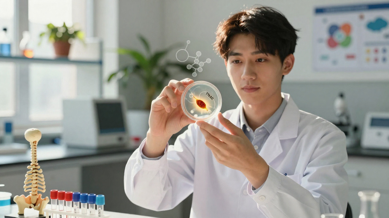 Scientist in white coat examining a petri dish with a microscopic organism in a laboratory setting.