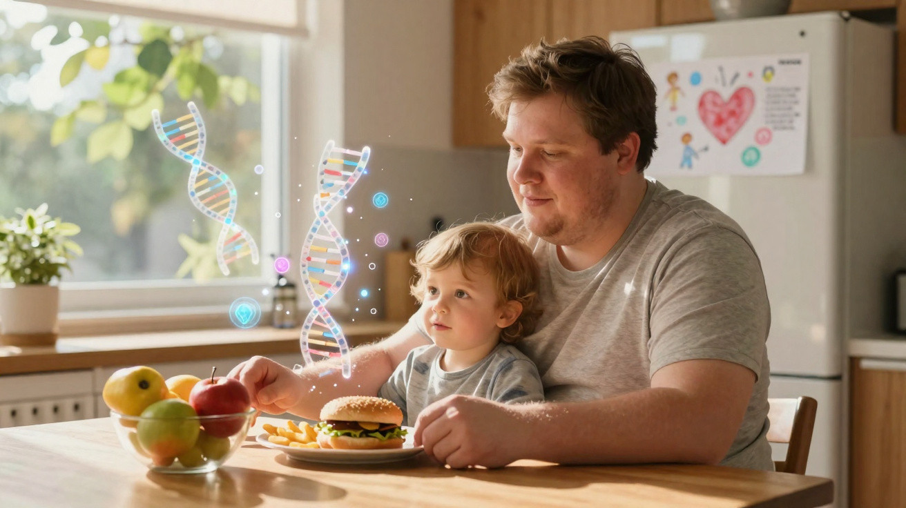 Father and toddler eating burger and fries at a kitchen table with digital DNA graphics overlay.