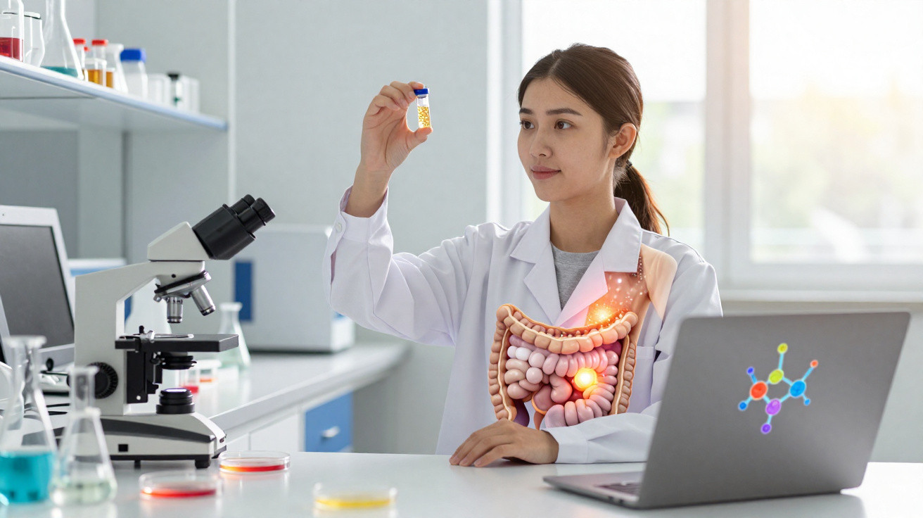 Female scientist in lab coat examining a vial with a digital illustration of intestines on her chest.