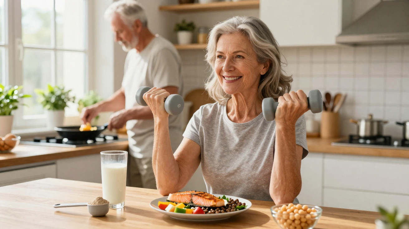Older woman lifting dumbbells at kitchen table with healthy meal, man cooking in background.