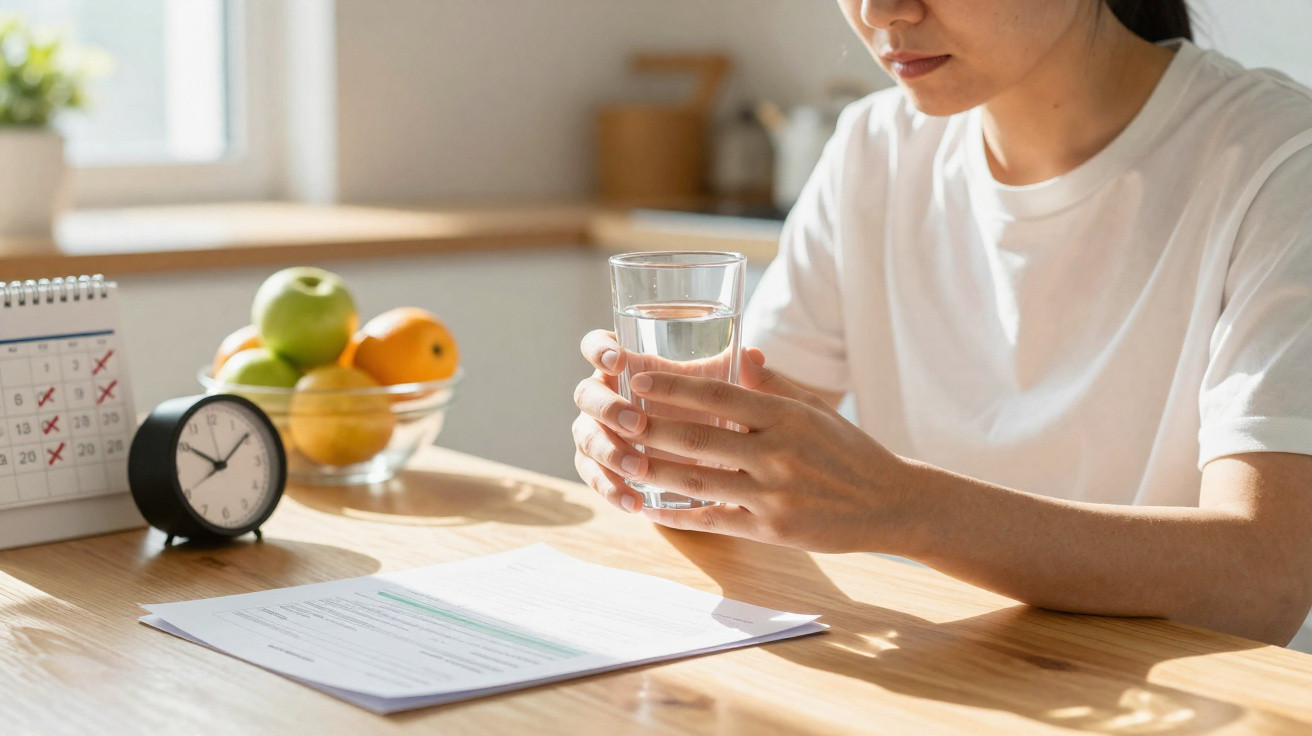 Person holding a glass of water at a wooden table with a calendar, clock, paperwork, and fruit bowl in a bright kitchen.