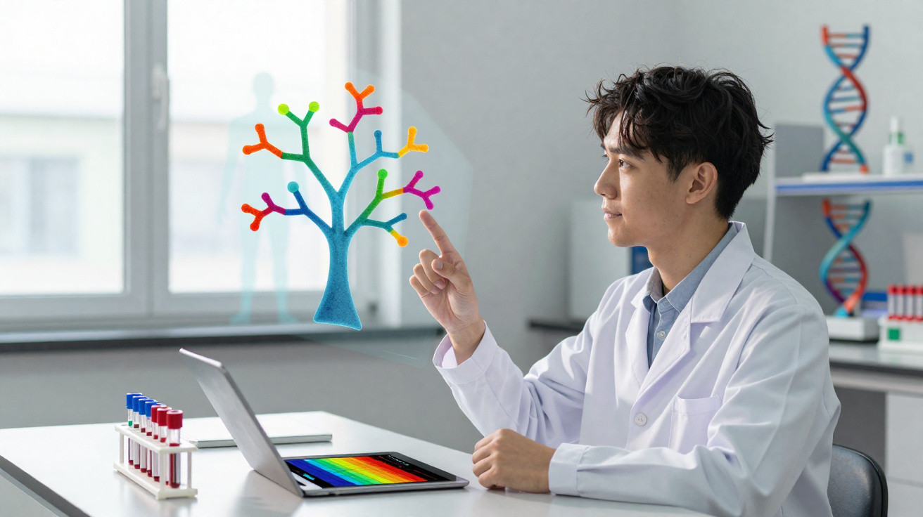 Scientist in lab coat interacting with colourful digital family tree projection over a tablet in lab.