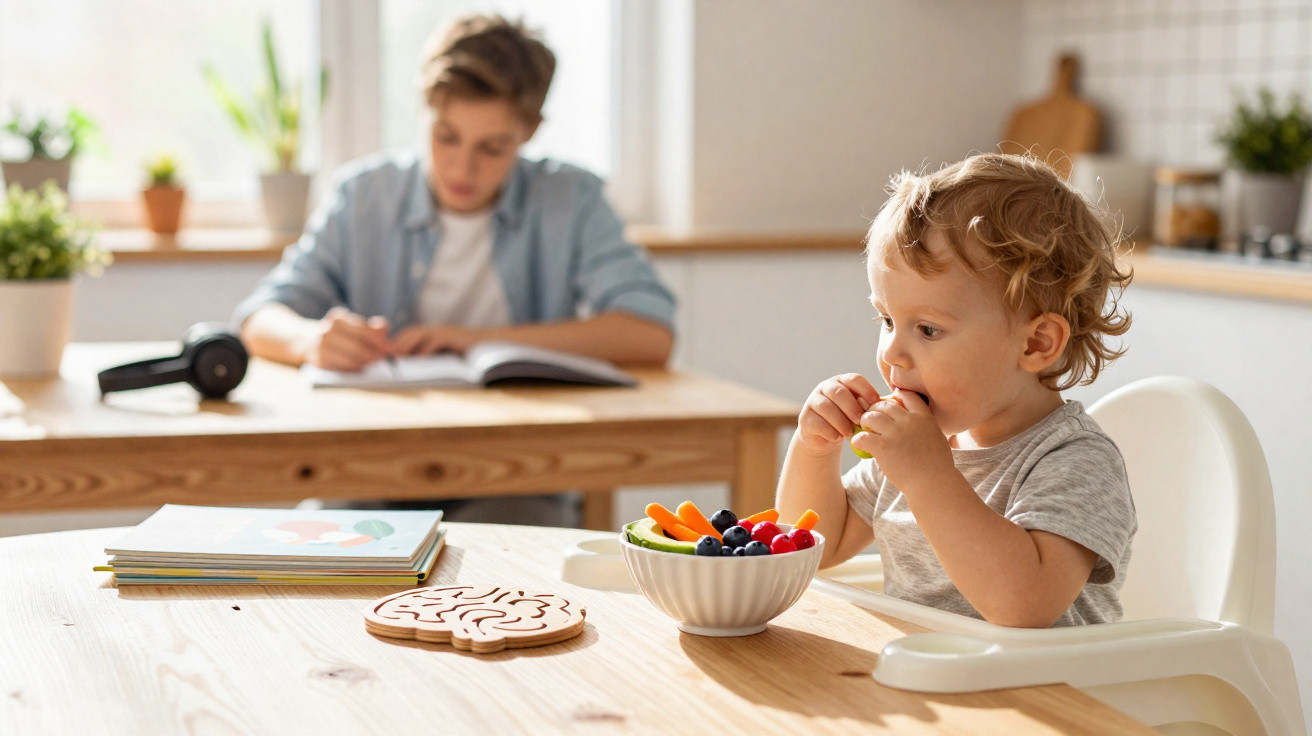 Toddler eating fruit at table while older child studies in background in a bright kitchen.