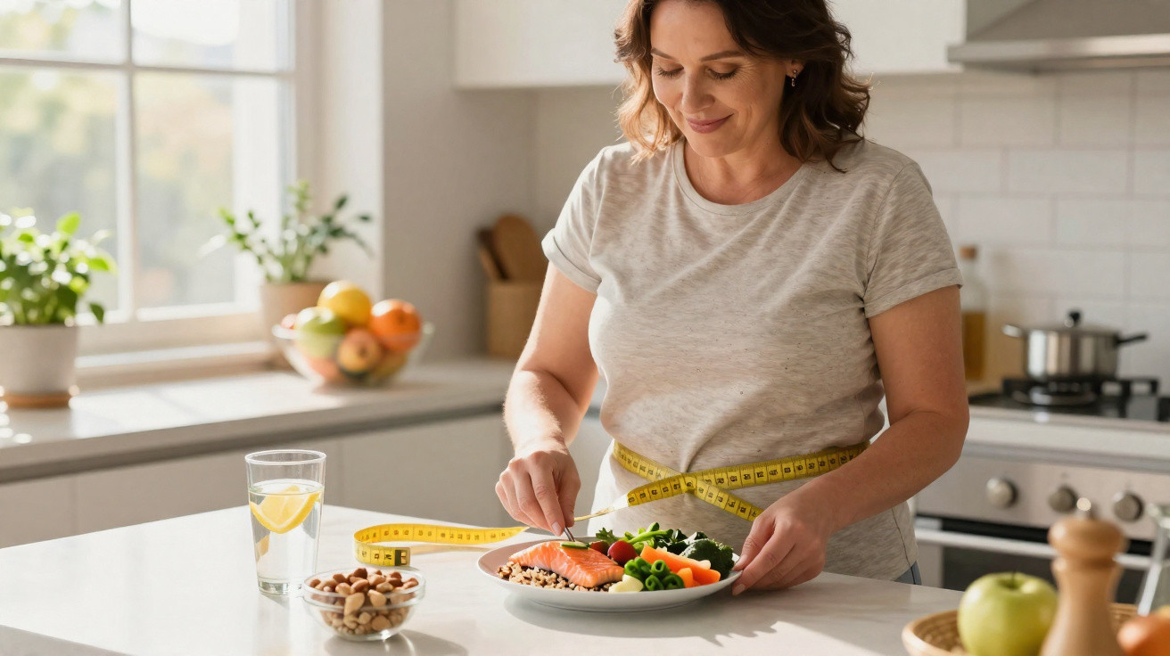 Woman measuring waist with tape while eating healthy meal in bright kitchen with fruit and nuts