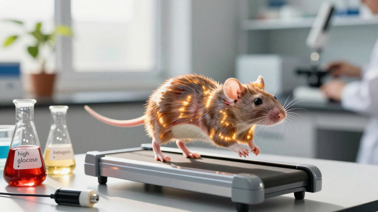 Lab rat walking on a treadmill with glowing highlight lines, flasks labelled high glucose and ketogenesis nearby.