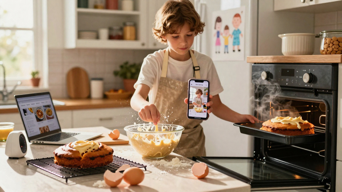Child holding phone showing cooking video while baking and frosting cakes in a sunlit kitchen.
