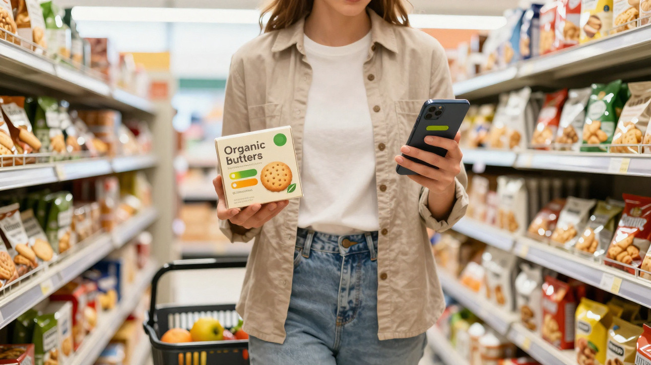 Person holding a box of organic butter biscuits while using a smartphone in a supermarket aisle.